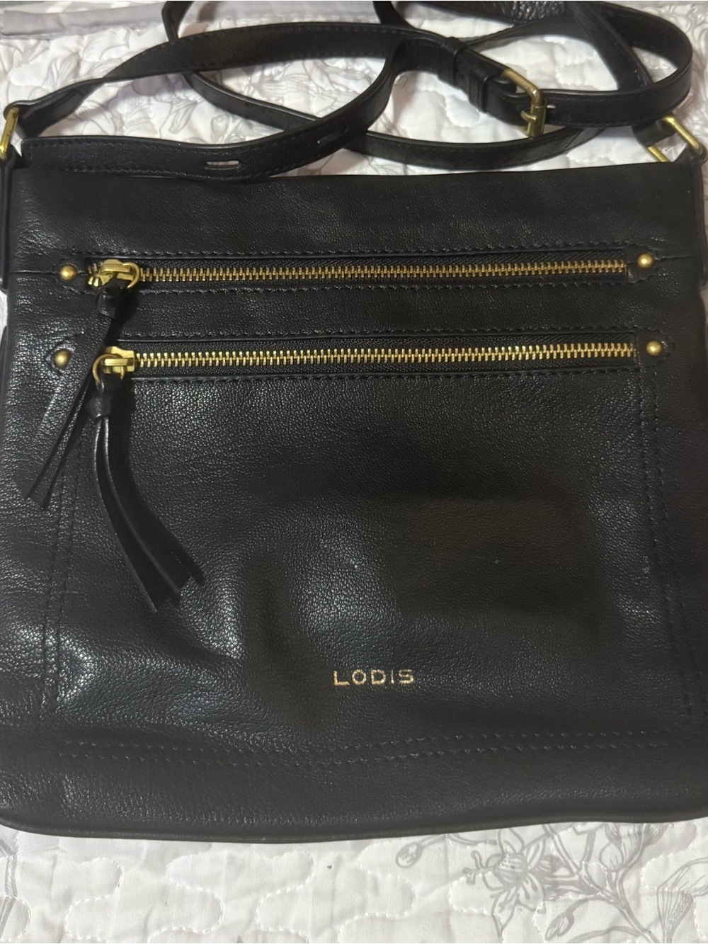 Lodis Black Leather Crossbody with Gold Zippers